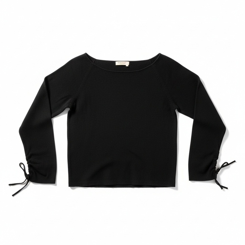 Due Per Due Collection Black Boatneck Knit Top Cinch Tie Sleeve Women Medium